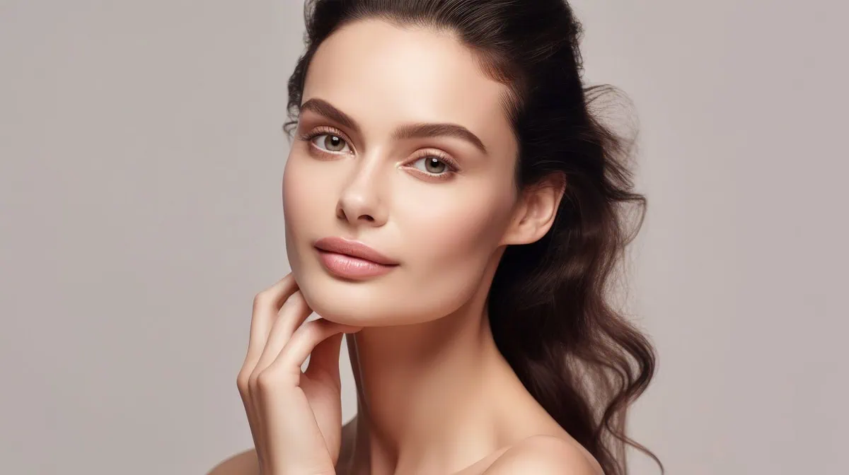 Portrait of woman, skincare and beauty cosmetics for shine, wellness or healthy glow on studio background. Happy model touching face after facial laser aesthetics, chemical peel and clean dermatology | Skyler Soares Skin Clinic in Scottsdale, AZ