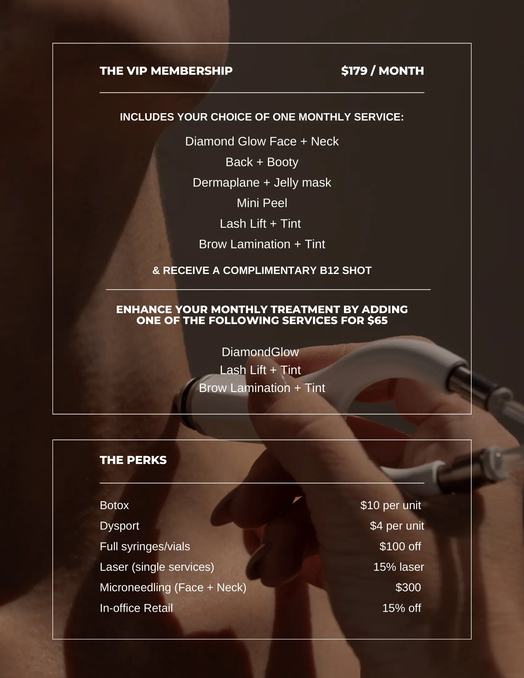 VIP Membership Site Pricing Menu for Medical Spa by Skyler Soares Skin Clinic in Scottsdale AZ