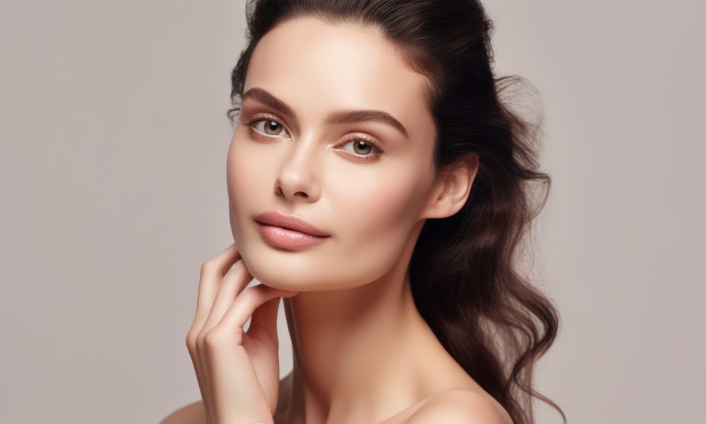 Portrait of woman, skincare and beauty cosmetics for shine, wellness or healthy glow on studio background. Happy model touching face after facial laser aesthetics, chemical peel and clean dermatology | Skyler Soares Skin Clinic in Scottsdale, AZ